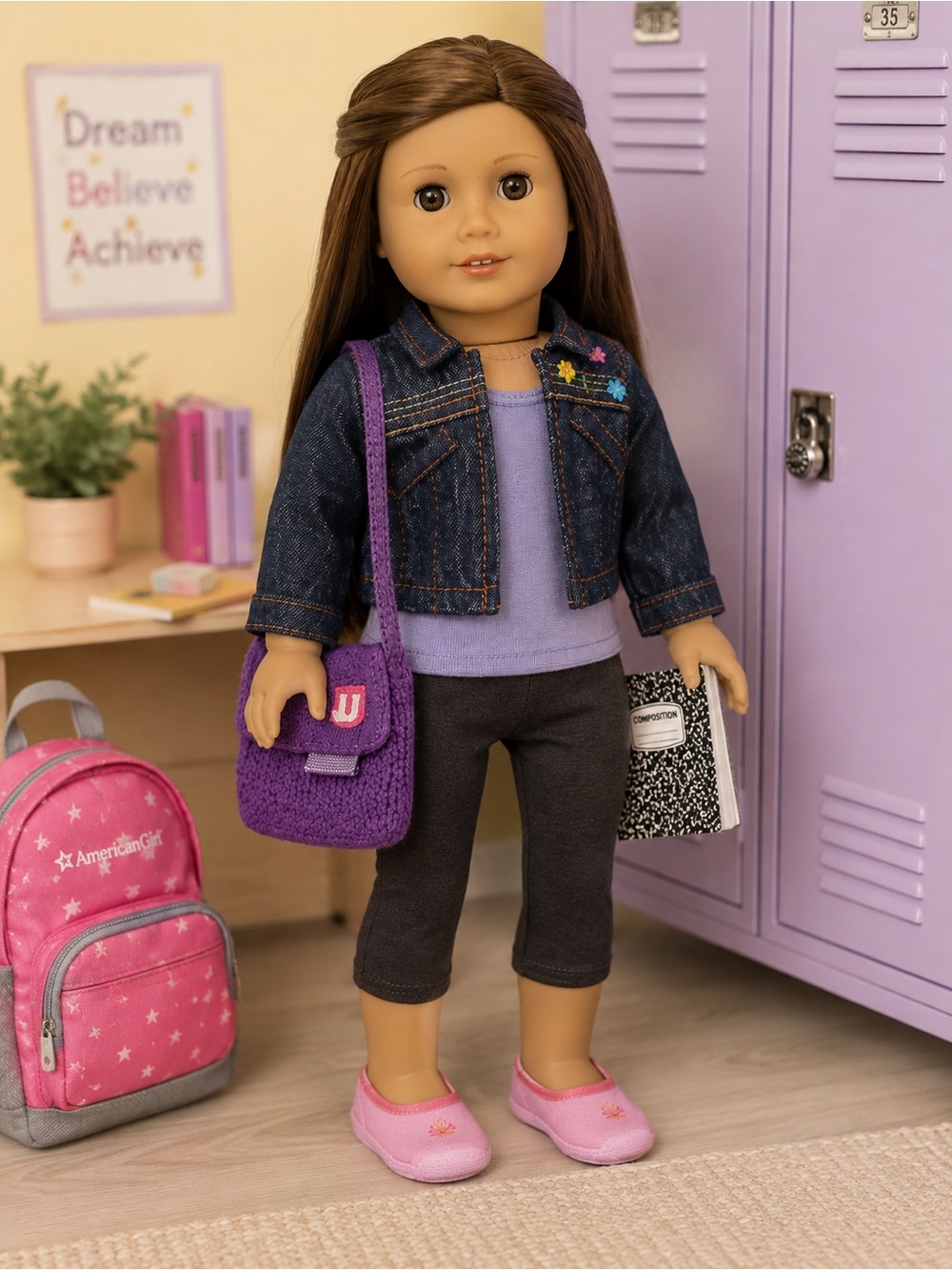 American Girl Doll 18” Back 2 School Outfit with Book Bag and Denim Jacket‎